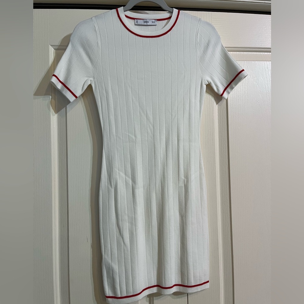 Mango MNG White Mini Dress with Red Trim Short Sleeve NWOT Size Small - Picture 6 of 9
